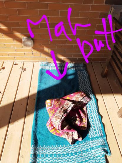 Photo of a teal blanket spread out in a sunbeam on a deck, with a magenta patterned blanket piled on top waiting for my legs. Poorly written label with Mah Butt and an arrow.