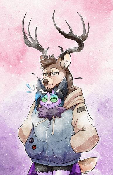 Myth, a purple anthro moth, is bundled up inside a shared hoodie with their boyfriend Beck, an anthro deer.