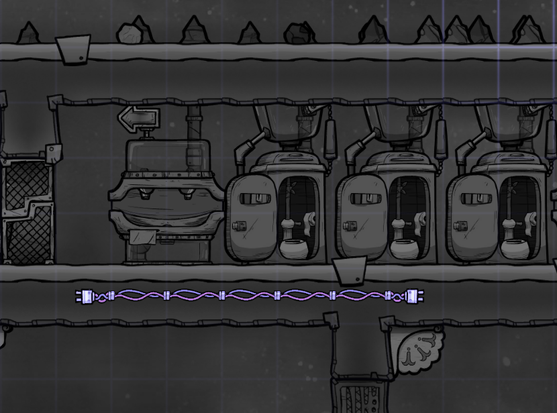 A detail of the game showing a grey scale bathroom with a stretch of unconnected electrical wire highlighted in purple running through the floor.