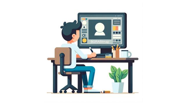 A vectorized image of a man sitting on a desk working on the computer.