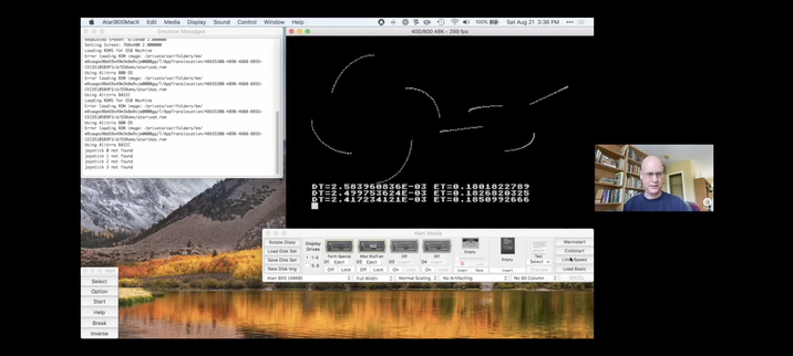 A screenshot of the video mentioned in the toot. It shows Mark's macOS desktop with an Atari emulator running in a window, in which the star cluster simulation is running. A small window on the right shows Mark looking into his webcam.
