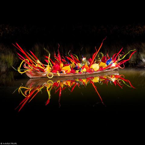 Chihuly Nights at the Adelaide Botanic Gardens provided an opportunity to see the glass artworks in a different light. This is Fiori Boat (2018) floating in the First Creek wetland. The night time setting focuses attention on the boat filled with multi-coloured glassworks, largely red reed like pieces but also other shapes and other colours.