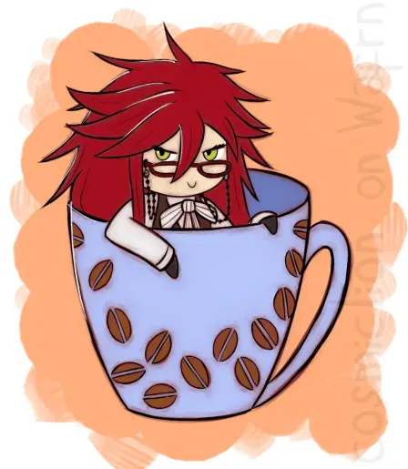 Digital flat color illustration of Grell Sutcliff from Black Butler, drawn in chibi style. She's sitting inside a light purple mug with a coffee bean pattern. She's resting her right arm and left hand on the edge of the mug and smiling mischievously. The background is white with light pastel orange splatter in the middle.