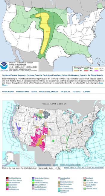Scattered Severe Storms to Continue Over the Central and Southern Plains this Weekend; Snow in the Sierra Nevada
Scattered strong to severe thunderstorms will persist over the central to southern High Plains this weekend with a severe weather and flash flooding threat. A late season storm will bring low elevation rain and high elevation snow to portions of California, Nevada and Oregon through the weekend. Winter Weather Advisories are in place for the Sierra for snow totals of 3-6", locally higher