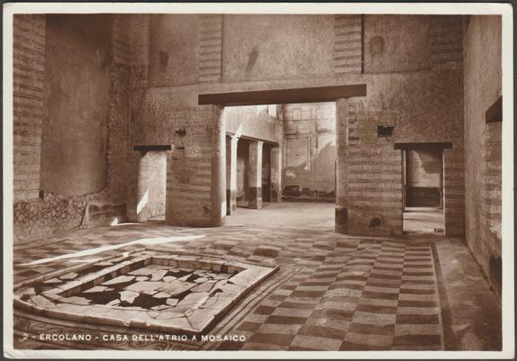 Sepia real photographic postcard showing a view of the Casa dell'Atrio with its mosaic floor in Herculaneum or Ercolano in Campania, Italy.

Published by Vincenzo Carcavallo, Napoli, No 2, 1935.

Postally unused.

Very good condition, with very slight corner bumps, but tiny crease to top right corner.