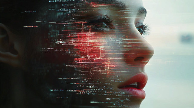 Écho Fragmenté.
Portrait numérique d'une femme se dissolvant en glitchs lumineux, entre réalité et virtualité.
Digital portrait of a woman dissolving into glowing glitches, between reality and virtuality.