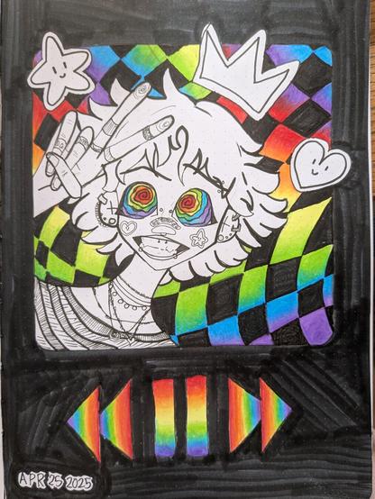 Rainbow person holding up peace sign with their hands, crazy, rainbow, spiral eyes. and trippy, rainbow, checkered background