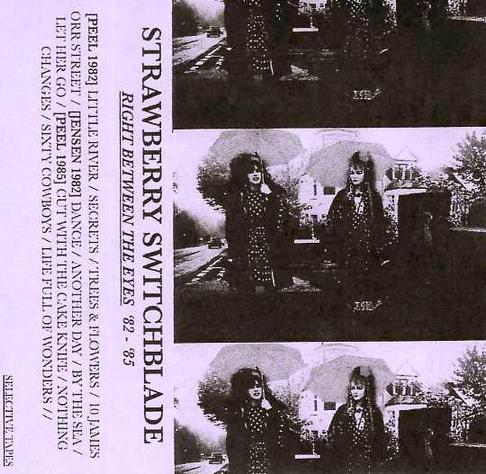 Cassette cover for Cut With The Cake Knife. Lilac paper with photocopied image, a photo of the two women dressed in polka dots and holding umbrellas on a rainy street. The spine and rear of the cover have text with the title and track listing.
