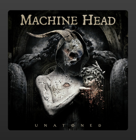 The album cover for Unatoned by Machine Head presents a dark, haunting, and surreal atmosphere. Dominating the image is a cracked and decaying stone statue with a skeletal, hollow face and a ram's horned skull as a headpiece. From the figure’s chest emerges an eerie eye, adding to the unsettling mood. The statue tenderly holds a crumbling bust of another figure, whose expression is sorrowful and tragic. Surrounding the central figures are twisted, serpent-like creatures coiled around ancient stone pillars, enhancing the gothic, apocalyptic theme. The background is shrouded in mist and shadow, giving the entire scene a sense of decay and desolation. The band's name "Machine Head" is boldly written at the top in weathered, gothic lettering, while the album title "UNATØNED" is subtly displayed at the bottom, with a stylized slashed "O" suggesting both pain and rebirth.