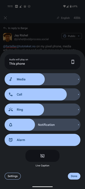 Screenshot showing the expanded volume settings and different values for different audio types