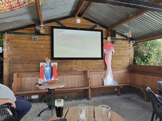 Beer garden with an awful projector that's completely washed out.