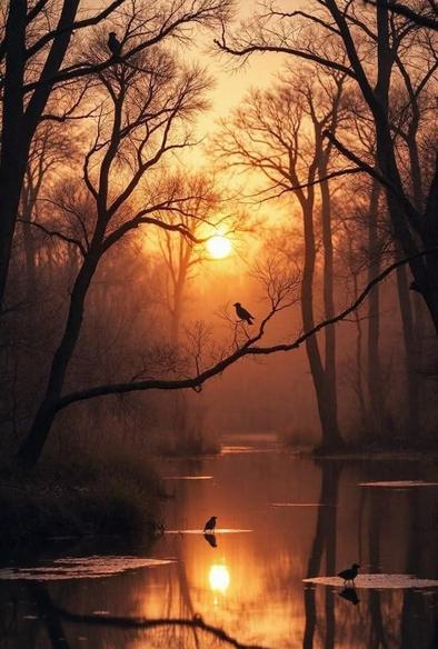 Sonnenuntergang
Bewaldete Flusslandschaft im warmem Abendlicht,
die Bäume sind noch ohne Laub,
zwei Vögel sitzen im Baum und auf einem überhängenden Ast, 
zwei Vögel stehen unten im Wasser.
Quelle: Netzfund Pinterest, leider ohne weitere Angaben