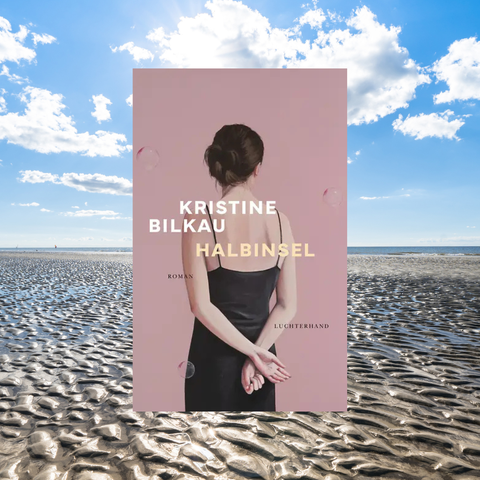 Auf dem Bild ist eine Wattlandschaft mit blauem Himmel und ein paar Wolken und im Vordergrund das Cover des Buchs Halbinsel von Kristine Bilkau.