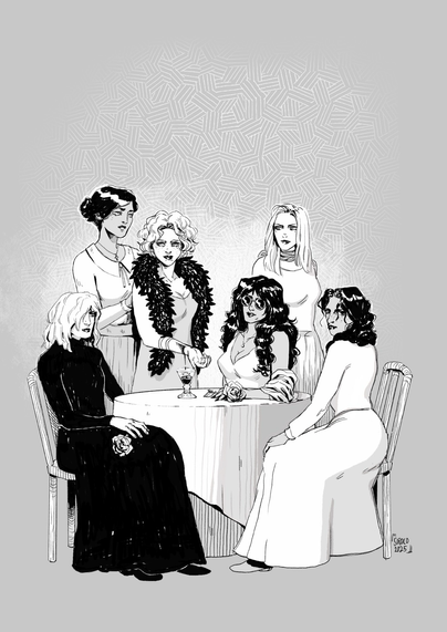 6 vampires around a table. All young and beautiful women. A blonde one is pouring her own blood in a cup.Others hold a rose.