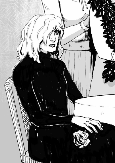 6 vampires around a table. All young and beautiful women. A blonde one is pouring her own blood in a cup.Others hold a rose.