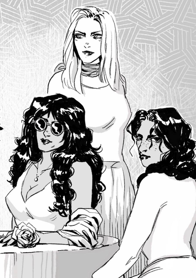 6 vampires around a table. All young and beautiful women. A blonde one is pouring her own blood in a cup.Others hold a rose.