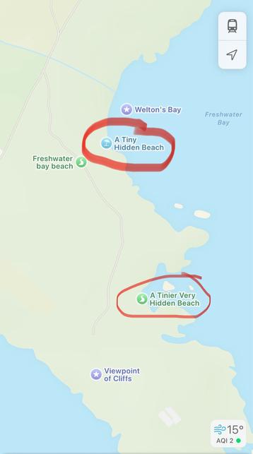 Screenshot of maps app showing ‘a tiny hidden beach’ and ‘a tinier very hidden beach’