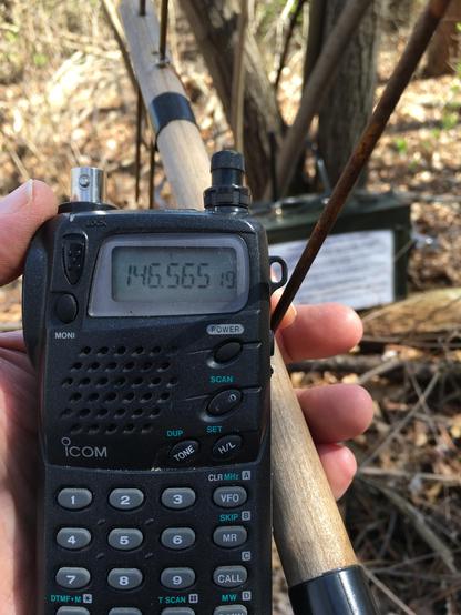 On a warm, sunny day in early Spring, a handheld radio tuned to 146.565 MHz, sans antenna, and a simple homemade Yagi antenna, led your correspondent, eventually, to a "fox" hidden in the brush near a trail. 

A friend in the Southeast Metro Amateur Radio Club puts together these outings, repurposing ammunition boxes with a battery, a handheld, a tiny computer controller, and a rubber-duck antenna. These serve as beacons; the goal is to learn enough about radio direction-finding to, well, find them.

The key is proper attenuation.