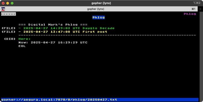 Phlog

       === Digital Mark's Phlog ===
(FILE) - 2025-04-27 14:39:03 UTC Dayglo Decade
(FILE) - 2025-04-27 13:47:08 UTC First post
       ------------------------------------------------------------------------
 (DIR) Here:
       Now: 2025-04-27 16:29:29 UTC
       EOL