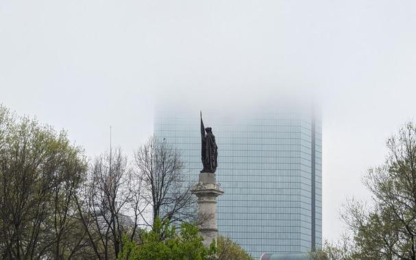 Allegorical depiction of America looking into low-lying cloud in front of the Hancock building