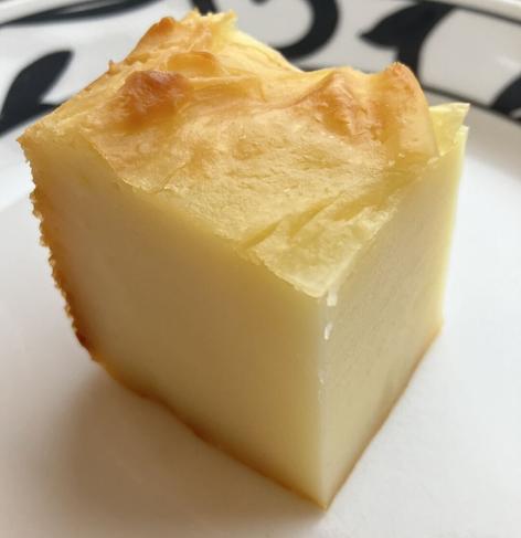 A baked square of custard.