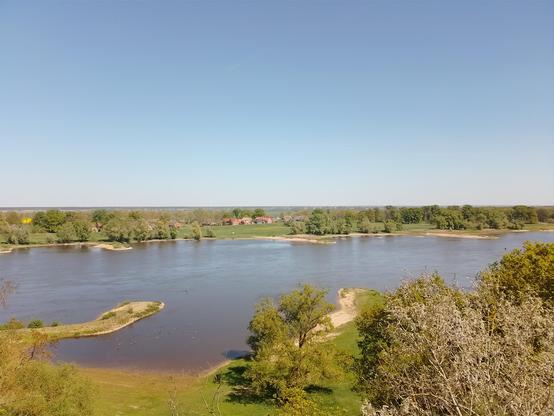 Blick vom Aussichtsturm bei Grippel auf die Elbe. Das Wasser ist relativ niedrig, so dass die Buhnen weit herausragen. Am anderen Ufer befinden sich einige Häuser, der Ort müsste Besandten sein. Der Himmel ist komplett wolkenlos und strahlend blau.