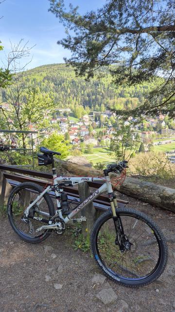 Ein klassisches 26 Zoll Mountainbike Fully mit weiß-silbernem Rahmen, weißen Ergon Griffen und weißen Klickpedalen. Die klassische Kurbel mit drei Kettenblättern hat silberne Kurbelarme und einen silbernen Spider. Das Shimano XT 9-fach Schaltwerk hat die Form eines silbernen "X".
Auffälliges Detail sind die leuchtend roten Schaltzüge und Bremsleitungen für die Scheibenbremsen mit schwarzen Kühlrippen.