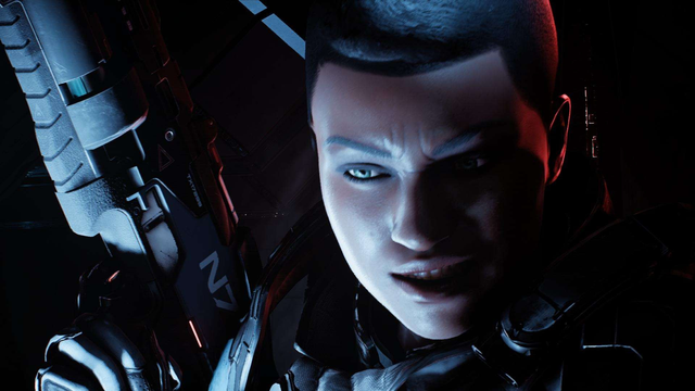 My Sara Ryder from Mass Effect Andromeda. She is a Black woman with spiky short hair. She is grinning with effort as her shuttle is crashing. Half of her face is in shadows, creating a quite dramatic picture. She is holding her N7 handgun upwards, next to her face.