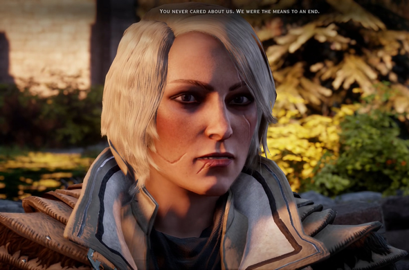 My Inquisitor Trevelyan from Dragon Age: Inquisition. She is a white human woman, with chin-length platinum hair. She is wearing a heavy armor made of white dragon hide, with a wide collar. She has several scars: one vertical across her left eye, one across her right cheek, and a smaller one beneath the right side of her lip.
I may be biased, but she looks really cool.