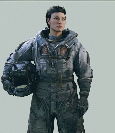 My character from Starfield. She is an Asian woman with short black hair hastily brushed aside. Slightly androgynous look. She is wearing a heavy space suit and is holding her helmet under her arm.