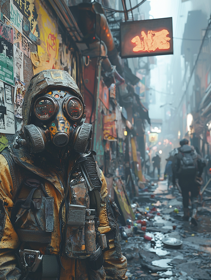 Chute Urbaine.
Personnage en combinaison de survie, équipé d'un masque à gaz complexe, errant dans une ruelle urbaine en ruines.
Character in a survival suit with an intricate gas mask, wandering through a ruined urban alley.