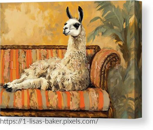 An art print of a llama lounging on a orange striped couch. Art by Lisa S Baker.
