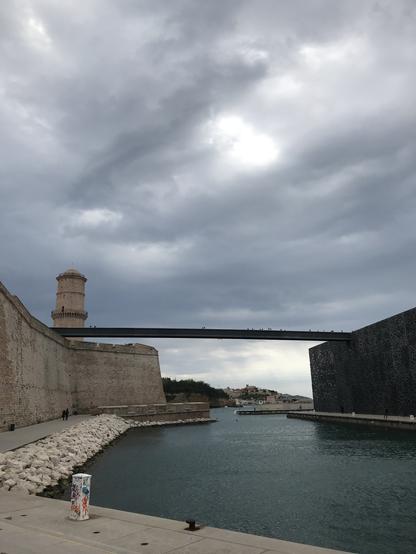 La passerelle entre le Fort Saint Jean et le Mucem sous un ciel gris et nuageux