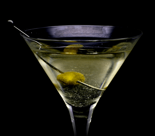 The cocktail itself in a chilled Martini glass and garnish with a pickle