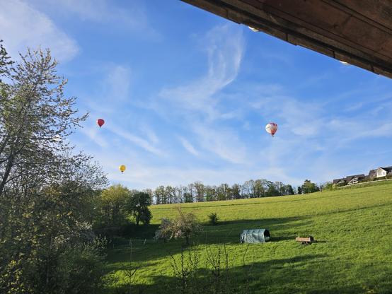 Das Bild zeigt eine idyllische Landschaft mit einem grünen Hügel, der von Bäumen und Büschen umgeben ist. Im Hintergrund sind drei Heißluftballons in verschiedenen Farben – rot, gelb und weiß mit roten Mustern – zu sehen, die in einem klaren, blauen Himmel mit wenigen weißen Wolken schweben. Im Vordergrund befindet sich ein grüner Rasen, auf dem ein grüner Zeltbezug und ein Holzwagen liegen. Ein Teil eines Gebäudes mit einem Dach ist im oberen Bereich des Bildes sichtbar. Die Szene wirkt friedlich und ruhig, mit einer harmonischen Mischung aus Natur und menschlicher Aktivität.