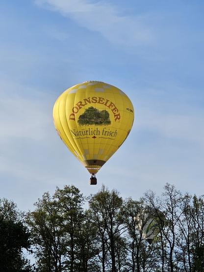 Ein gelber Luftballon mit dem Schriftzug "DORNSEIFER" und dem Slogan "Natürlich frisch" fliegt in einem klaren, blauen Himmel. Der Ballon hat ein quadratisches Muster in Gelb und Weiß und zeigt ein Bild eines Waldes mit einem Haus. Unter dem Ballon ist ein Korb sichtbar. Im Hintergrund sind dichte Bäume zu sehen, die den Ballon umrahmen. Ein weiterer Luftballon ist teilweise hinter den Bäumen sichtbar.