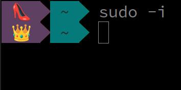 A shell prompt showing a red shoe as user prompt and a golden crown for root