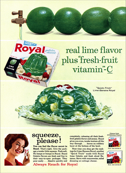The images of the box and a Jell-O mold with lime banana flavored gelatin. The inside looks like it has some type of whipped cream, hopefully not cottage cream.