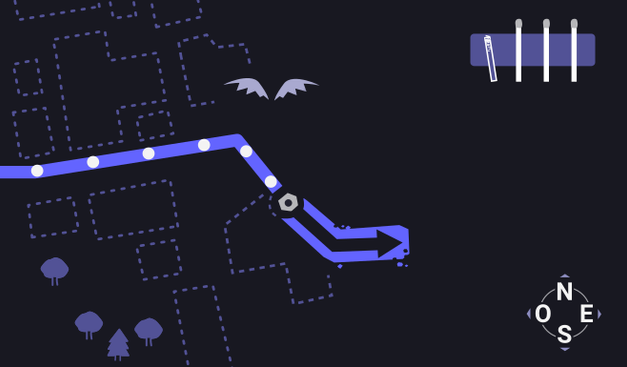 Carte schématique d'un itinéraire où une ligne fléchée violette représente le chemin parcouru . Au milieu de la carte, des tracés en pointillés représentent les ruines dans lesquelles les protagonistes s'aventurent. Après s'être arrêtée sur un cercle qui désigne une cave, la flèche change de couleur et continue sur la droite, dans le souterrain.