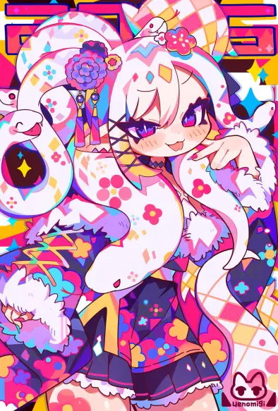 A picture of a girl who has white snakes for hair and is wearing a fluffy jacket with a skirt.