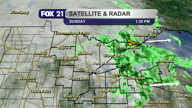 The satellite and radar over the Northland at 1:30 p.m. on Sunday, April 27, 2025, shows a line of scattered showers from the Arrowhead extending south into the Upper Peninsula and northwest Wisconsin east of Highway 63 moving to the east.  The rest of the region is seeing cloud cover with a few breaks in the I-35 corridor.