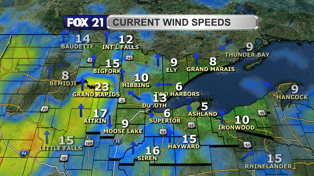 Wind speeds in the Northland just after 1 p.m. on April 27, 2025, range from 5 to 23 mph.  Wind direction is primarily from the south, with a lake breeze taking place next to Lake Superior.
