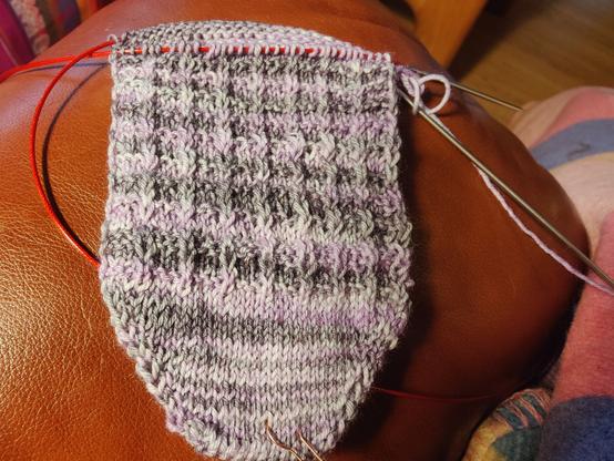 The beginning of a toe up sock. Colors purple and grey.