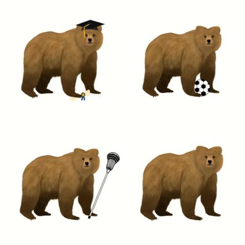 Our bear mascot is shown solo, graduating and playing sports.