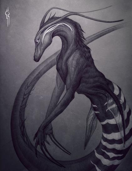 A pencil drawing of an aquatic creature (Equimant), enhanced with digital colors. It resembles a horse with a snake-tail. The front (and only) legs are rather humanoid. Two of four digits are elongated. The tail has white stripes.