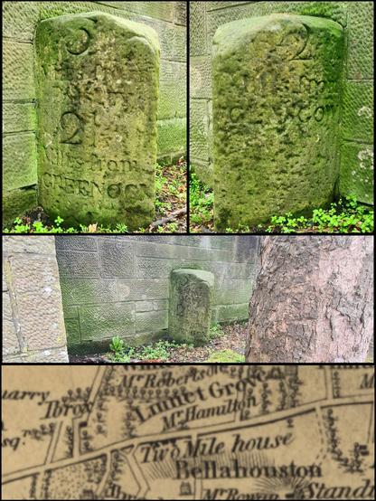 An old distance marker on the route of a former turnpike between Glasgow, Paisley and Greenock, which was built in 1780.