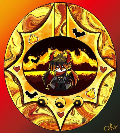 Tamagotchi inspired Ivlis with his symbol and a little pixel Ivlis in the center with flames in the bg. Stickers around the symbol - flames, bats, and hearts.