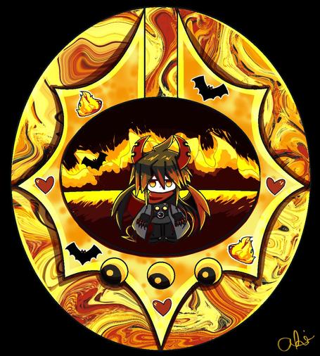 Tamagotchi inspired Ivlis with his symbol and a little pixel Ivlis in the center with flames in the bg. Stickers around the symbol - flames, bats, and hearts. No bg.