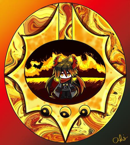 Tamagotchi inspired Ivlis with his symbol and a little pixel Ivlis in the center with flames in the bg.