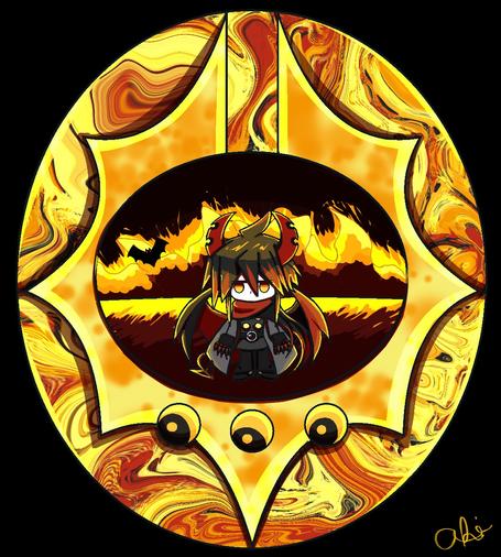 Tamagotchi inspired Ivlis with his symbol and a little pixel Ivlis in the center with flames in the bg. No bg on main.